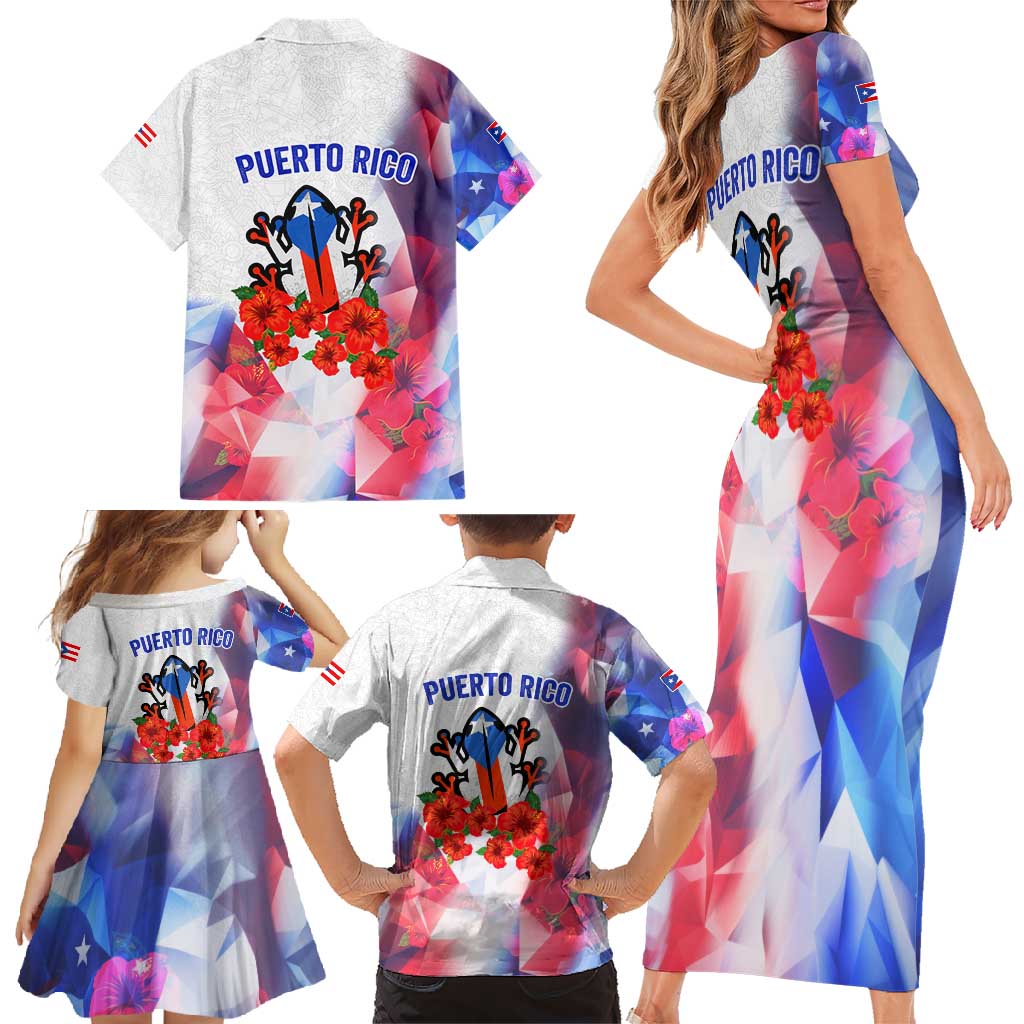 Puerto Rico Family Matching Short Sleeve Bodycon Dress and Hawaiian Shirt with Coqui Frog, Hibiscus Flowers, and Flag Landmark Design - Wonder Print Shop