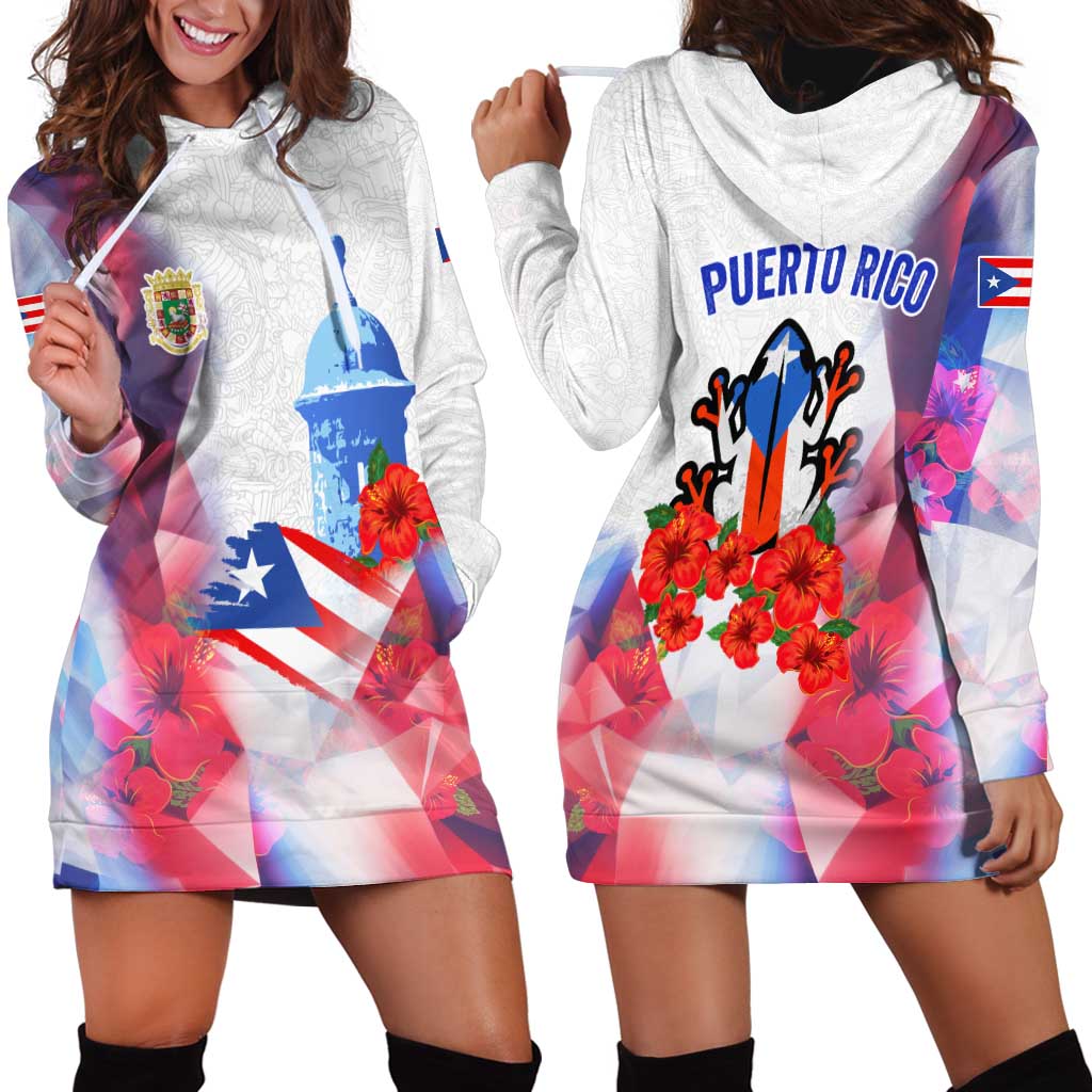 Puerto Rico Hoodie Dress with Coqui Frog, Hibiscus Flowers, and Flag Landmark Design - Wonder Print Shop