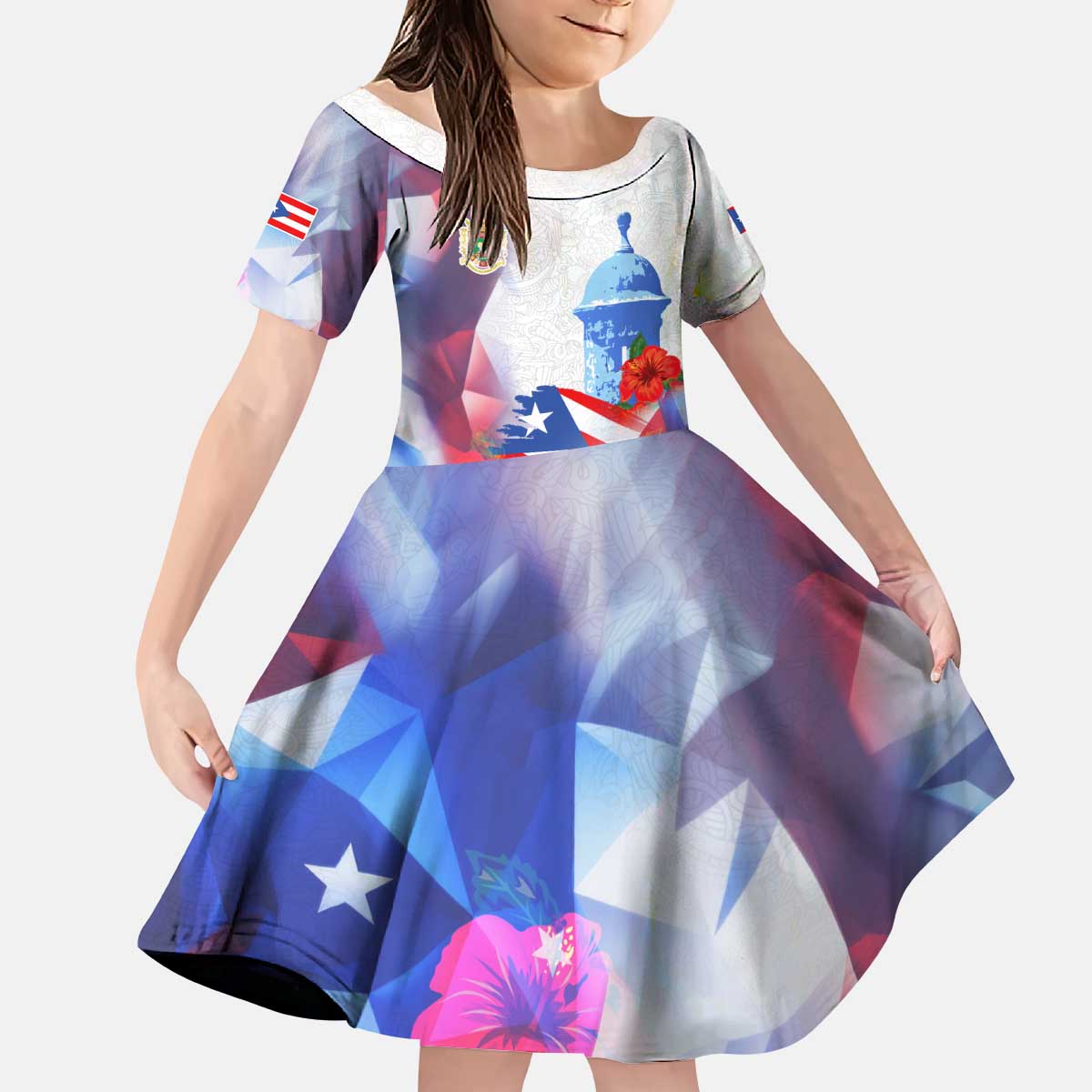 Puerto Rico Kid Short Sleeve Dress with Coqui Frog, Hibiscus Flowers, and Flag Landmark Design - Wonder Print Shop