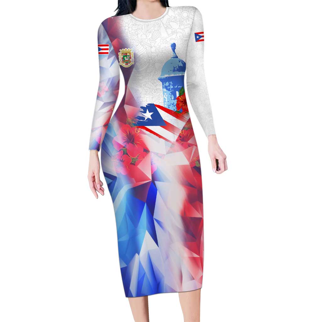 Puerto Rico Long Sleeve Bodycon Dress with Coqui Frog, Hibiscus Flowers, and Flag Landmark Design - Wonder Print Shop