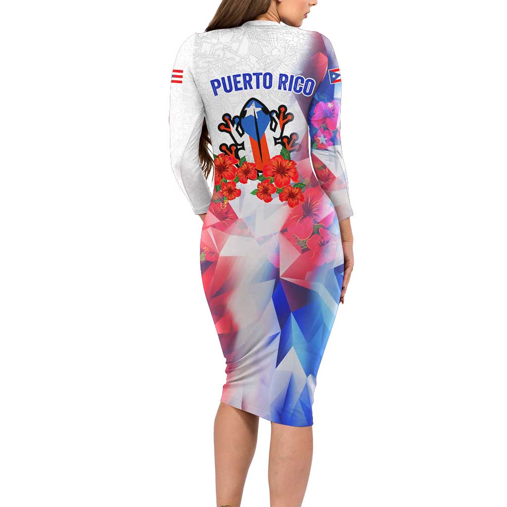 Puerto Rico Long Sleeve Bodycon Dress with Coqui Frog, Hibiscus Flowers, and Flag Landmark Design - Wonder Print Shop