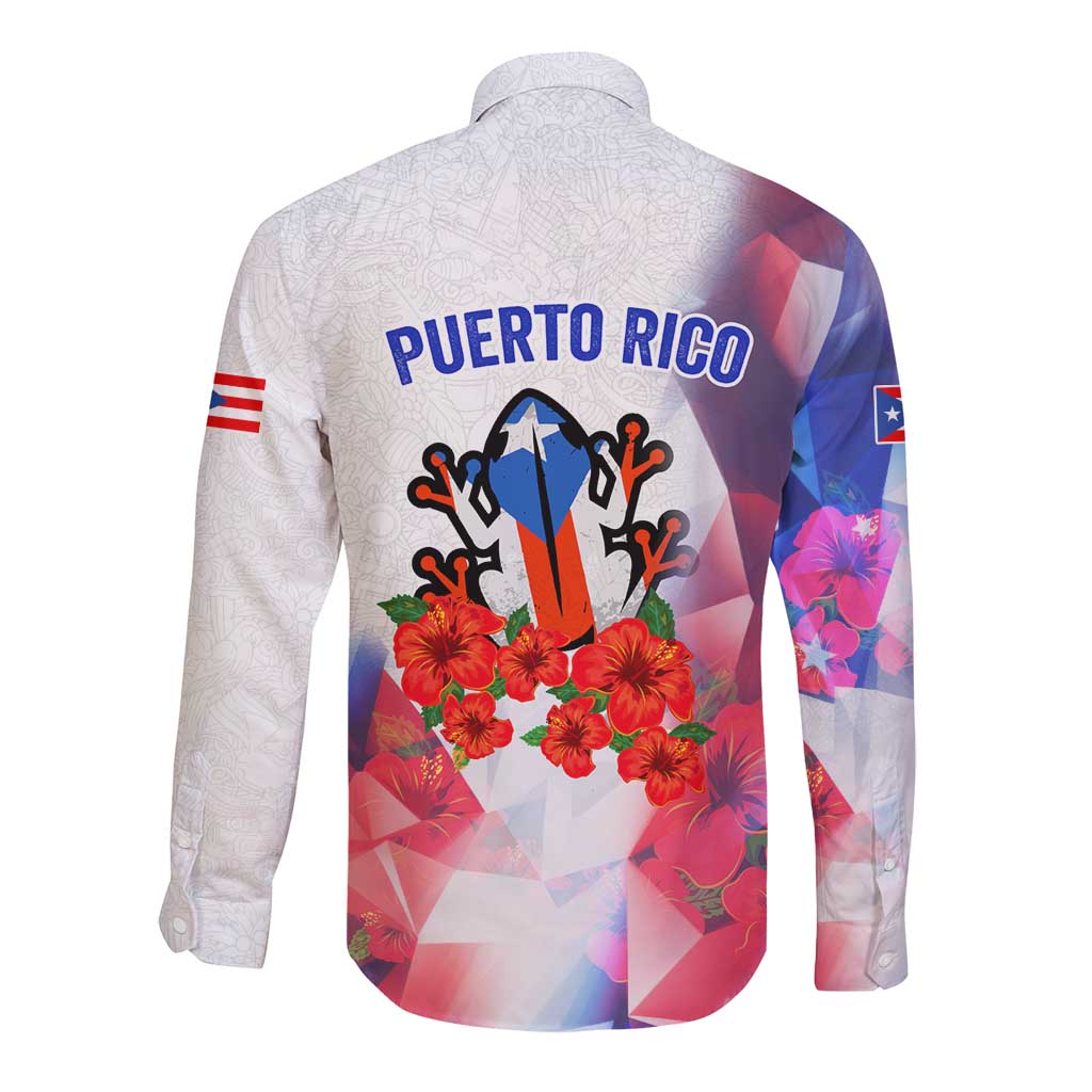Puerto Rico Long Sleeve Button Shirt with Coqui Frog, Hibiscus Flowers, and Flag Landmark Design - Wonder Print Shop