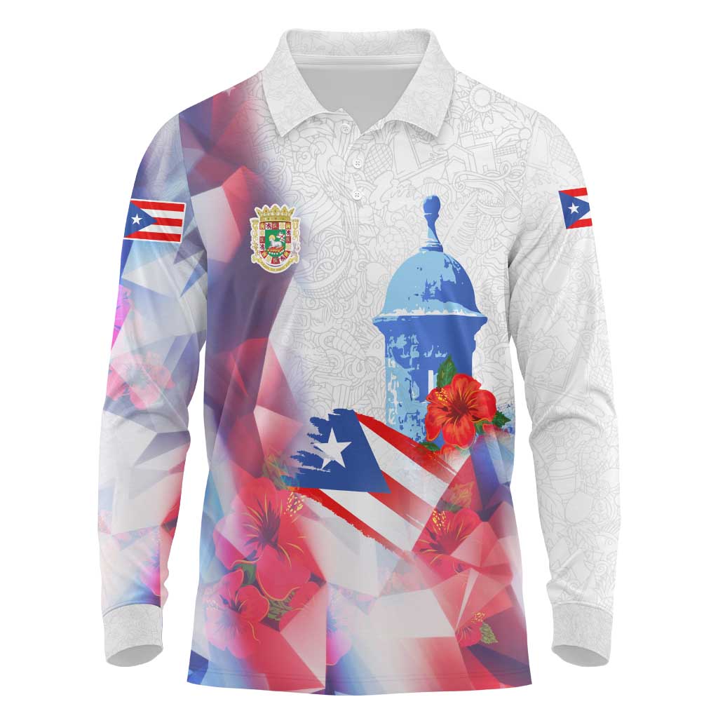 Puerto Rico Long Sleeve Polo Shirt with Coqui Frog, Hibiscus Flowers, and Flag Landmark Design - Wonder Print Shop