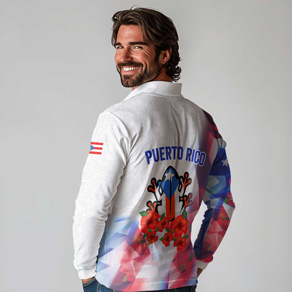 Puerto Rico Long Sleeve Polo Shirt with Coqui Frog, Hibiscus Flowers, and Flag Landmark Design - Wonder Print Shop
