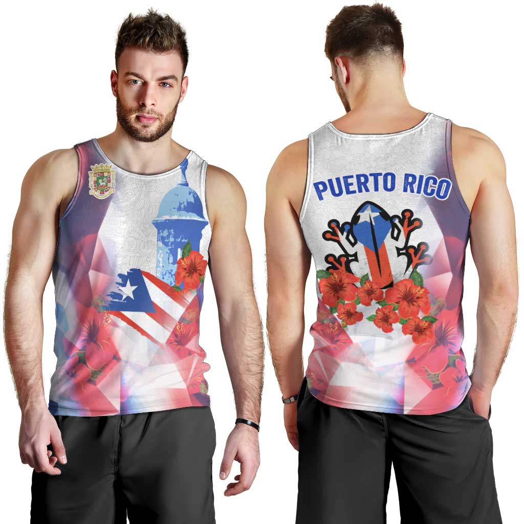 Puerto Rico Men Tank Top with Coqui Frog, Hibiscus Flowers, and Flag Landmark Design - Wonder Print Shop