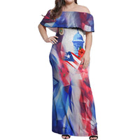 Puerto Rico Off Shoulder Maxi Dress with Coqui Frog, Hibiscus Flowers, and Flag Landmark Design - Wonder Print Shop