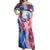 Puerto Rico Off Shoulder Maxi Dress with Coqui Frog, Hibiscus Flowers, and Flag Landmark Design - Wonder Print Shop