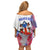 Puerto Rico Off Shoulder Short Dress with Coqui Frog, Hibiscus Flowers, and Flag Landmark Design - Wonder Print Shop