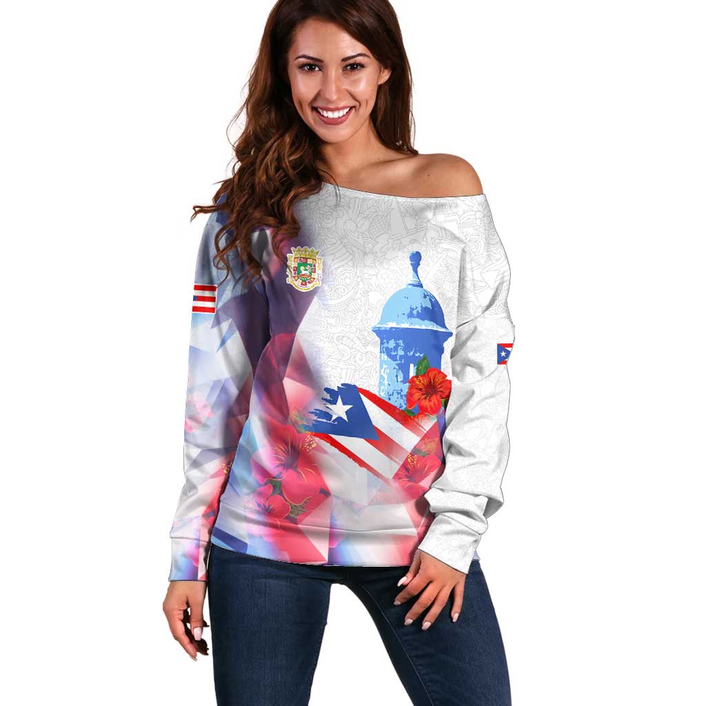 Puerto Rico Off Shoulder Sweater with Coqui Frog, Hibiscus Flowers, and Flag Landmark Design - Wonder Print Shop