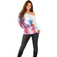 Puerto Rico Off Shoulder Sweater with Coqui Frog, Hibiscus Flowers, and Flag Landmark Design - Wonder Print Shop