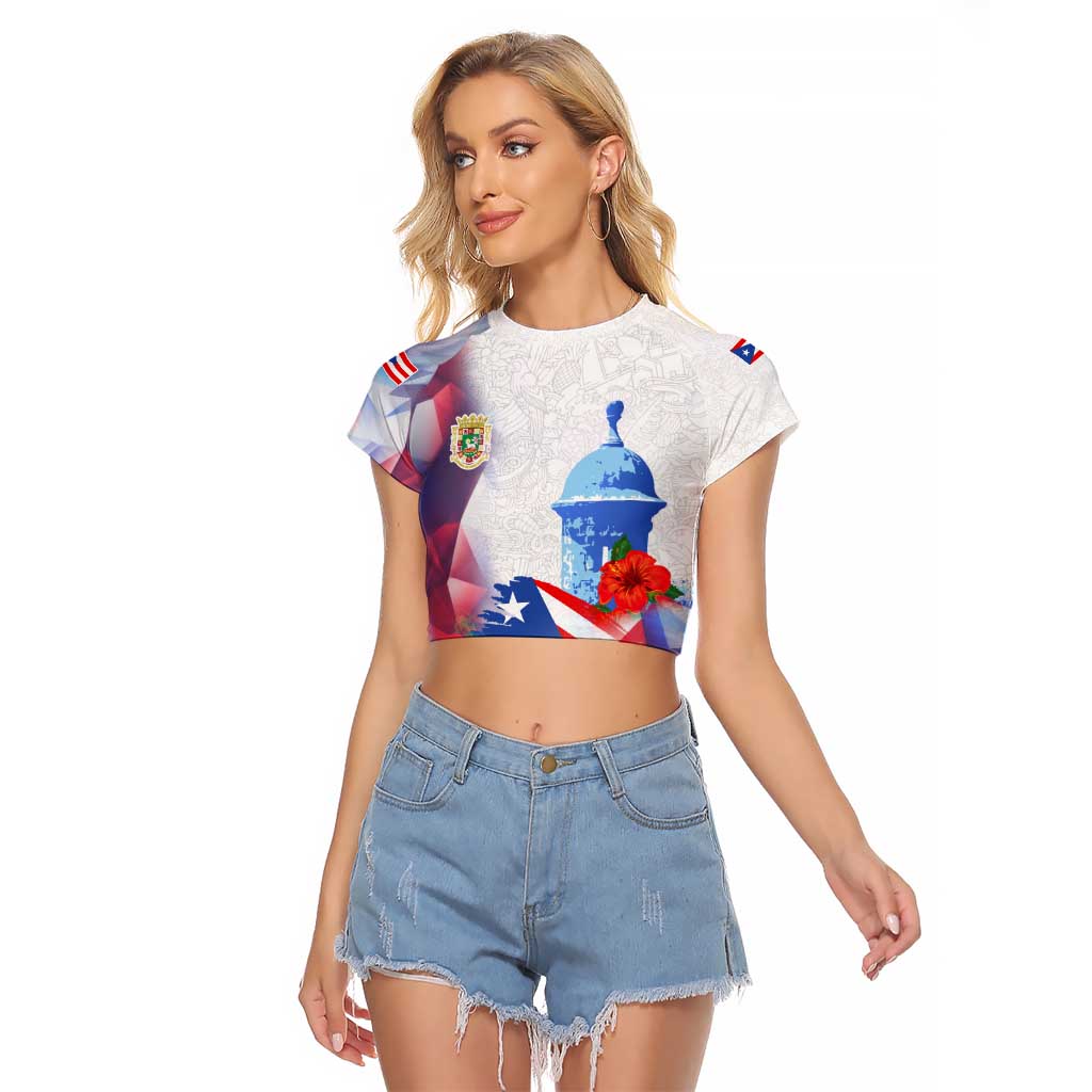 Puerto Rico Raglan Cropped T Shirt with Coqui Frog, Hibiscus Flowers, and Flag Landmark Design - Wonder Print Shop