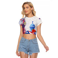 Puerto Rico Raglan Cropped T Shirt with Coqui Frog, Hibiscus Flowers, and Flag Landmark Design - Wonder Print Shop