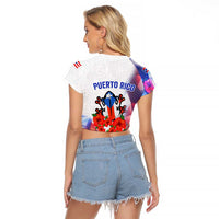 Puerto Rico Raglan Cropped T Shirt with Coqui Frog, Hibiscus Flowers, and Flag Landmark Design - Wonder Print Shop
