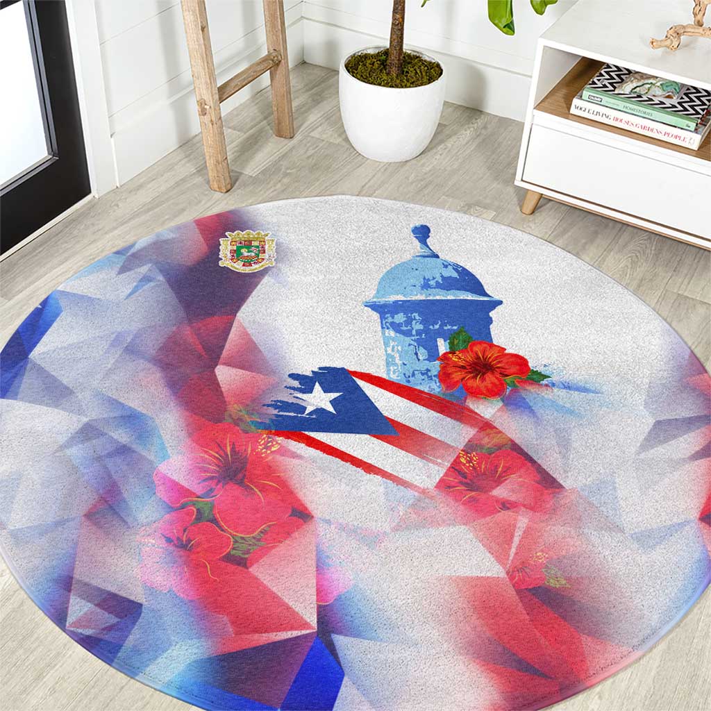 Puerto Rico Round Carpet with Coqui Frog, Hibiscus Flowers, and Flag Landmark Design - Wonder Print Shop