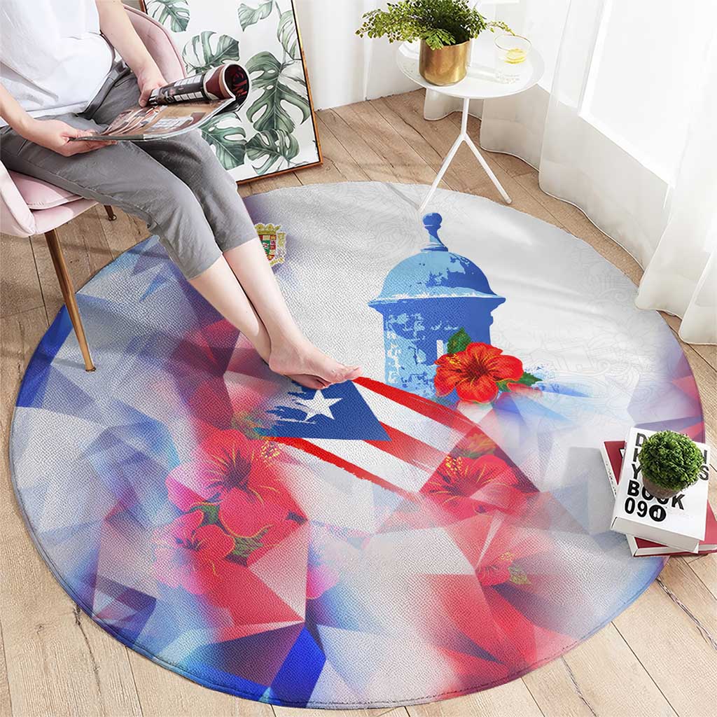 Puerto Rico Round Carpet with Coqui Frog, Hibiscus Flowers, and Flag Landmark Design - Wonder Print Shop