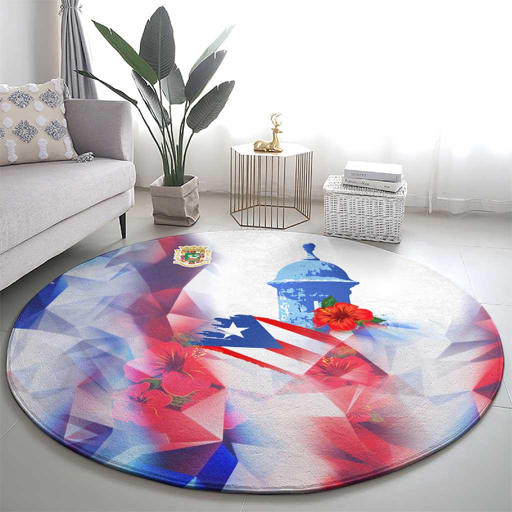Puerto Rico Round Carpet with Coqui Frog, Hibiscus Flowers, and Flag Landmark Design - Wonder Print Shop