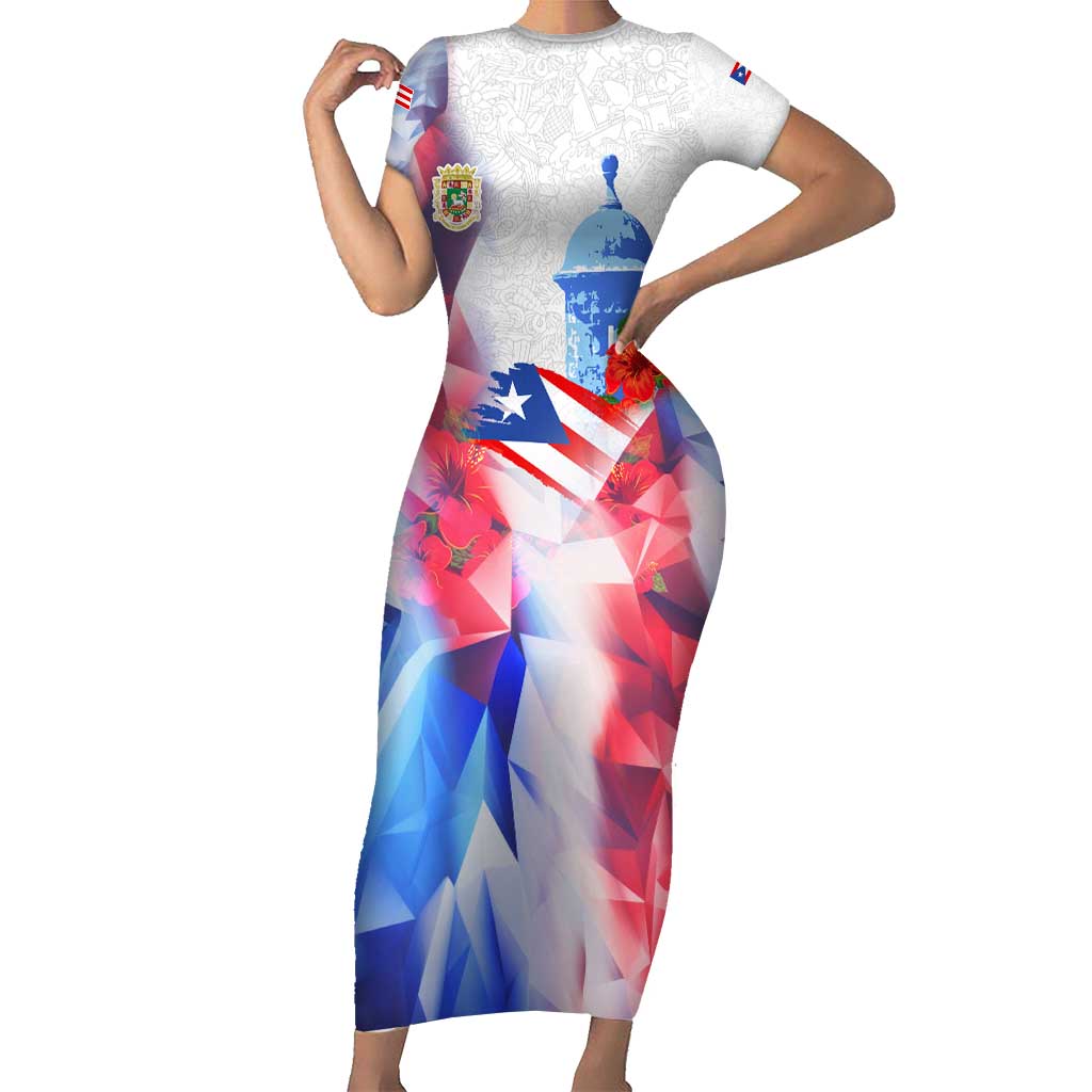 Puerto Rico Short Sleeve Bodycon Dress with Coqui Frog, Hibiscus Flowers, and Flag Landmark Design - Wonder Print Shop
