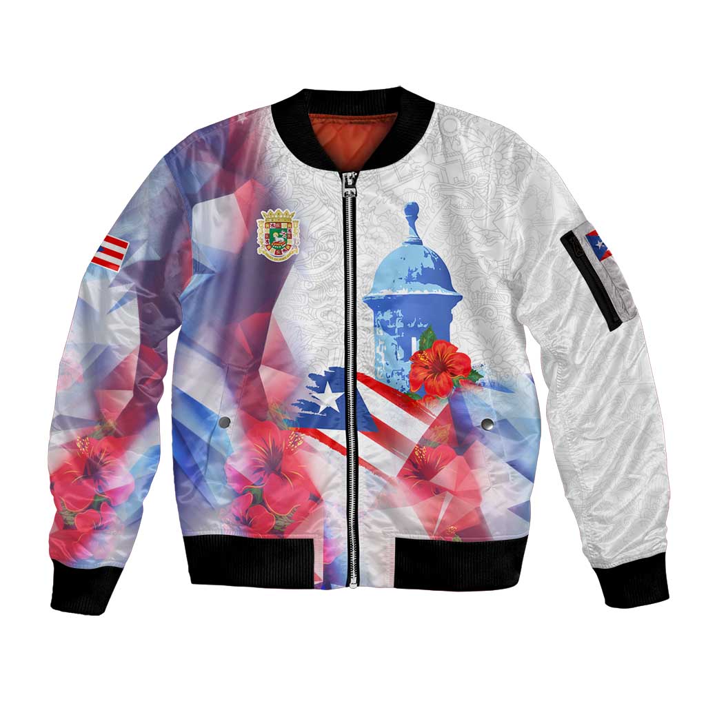 Puerto Rico Sleeve Zip Bomber Jacket with Coqui Frog, Hibiscus Flowers, and Flag Landmark Design - Wonder Print Shop