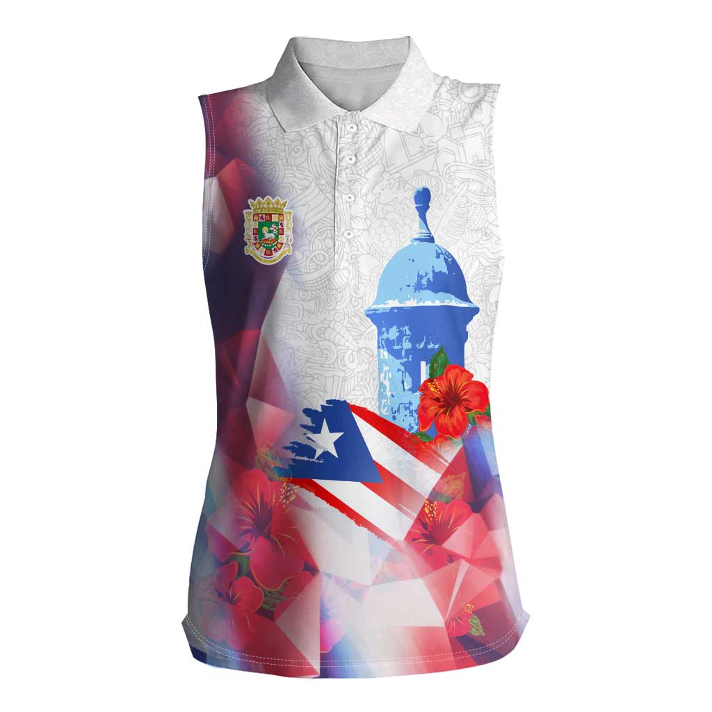 Puerto Rico Women Sleeveless Polo Shirt with Coqui Frog, Hibiscus Flowers, and Flag Landmark Design - Wonder Print Shop