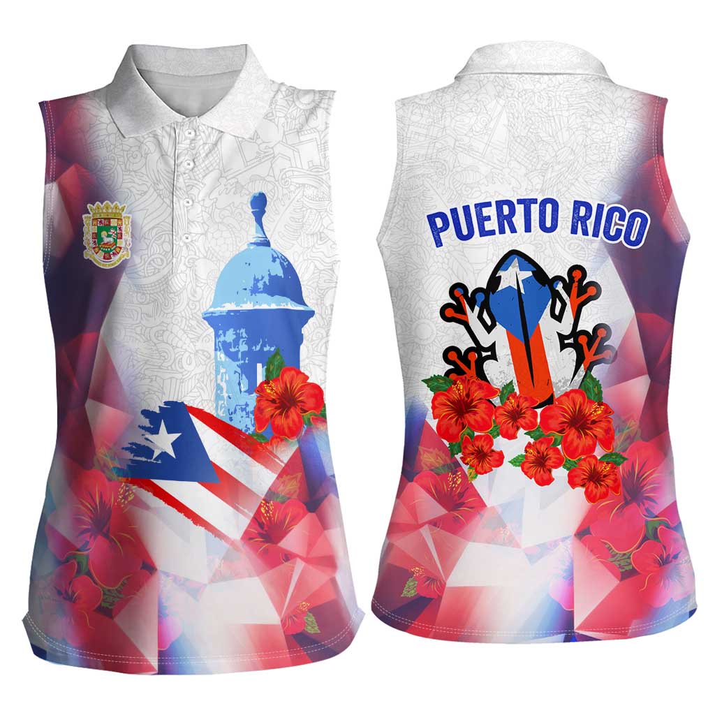 Puerto Rico Women Sleeveless Polo Shirt with Coqui Frog, Hibiscus Flowers, and Flag Landmark Design - Wonder Print Shop