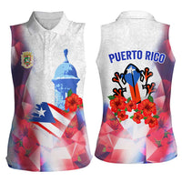 Puerto Rico Women Sleeveless Polo Shirt with Coqui Frog, Hibiscus Flowers, and Flag Landmark Design - Wonder Print Shop