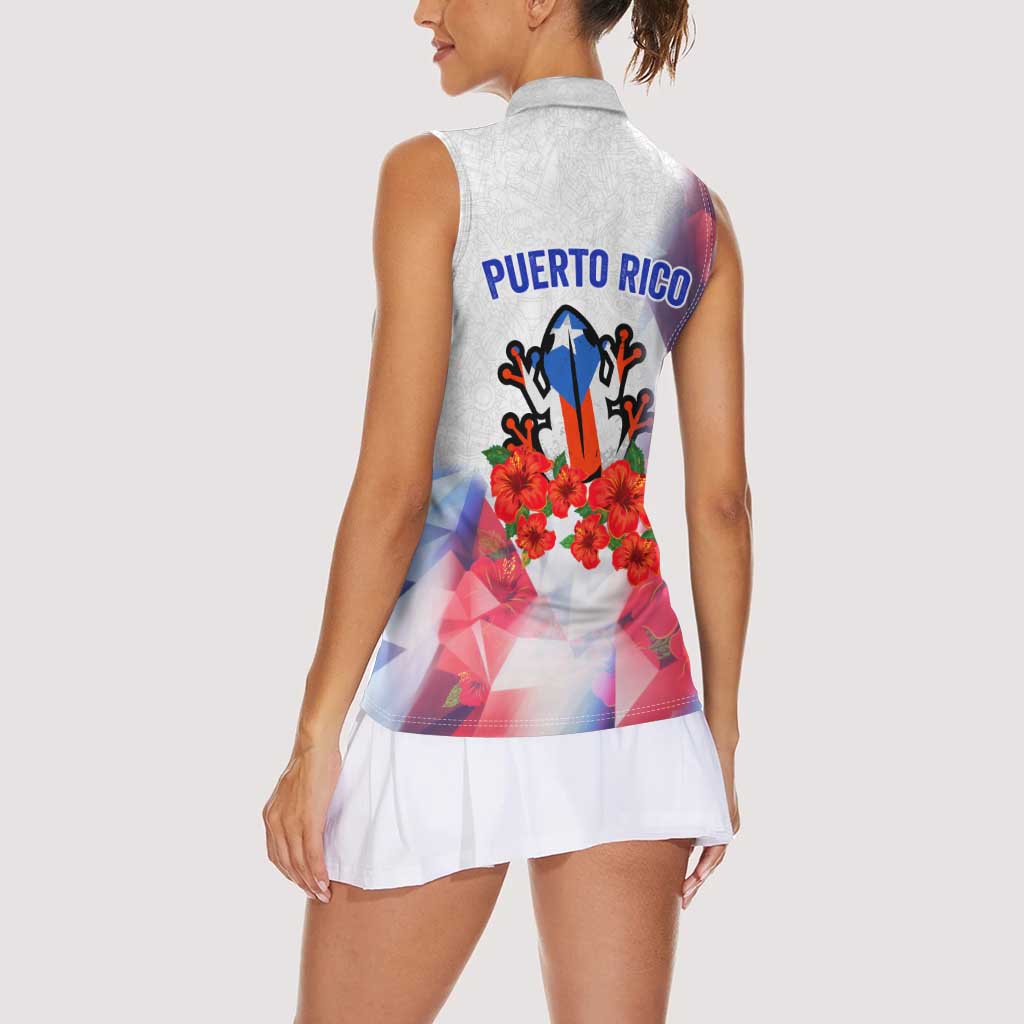 Puerto Rico Women Sleeveless Polo Shirt with Coqui Frog, Hibiscus Flowers, and Flag Landmark Design - Wonder Print Shop