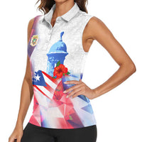 Puerto Rico Women Sleeveless Polo Shirt with Coqui Frog, Hibiscus Flowers, and Flag Landmark Design - Wonder Print Shop