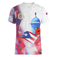 Puerto Rico Women V-Neck T-Shirt with Coqui Frog, Hibiscus Flowers, and Flag Landmark Design - Wonder Print Shop