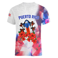 Puerto Rico Women V-Neck T-Shirt with Coqui Frog, Hibiscus Flowers, and Flag Landmark Design - Wonder Print Shop