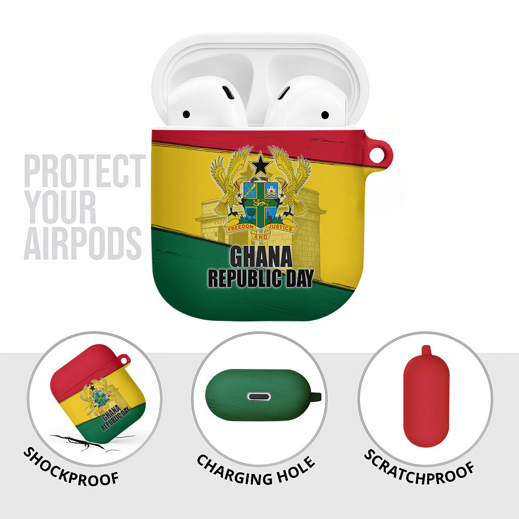 Ghana Republic Day AirPods Case Ghanaian Pride Flag Colors With Coat Of Arms And Black Star