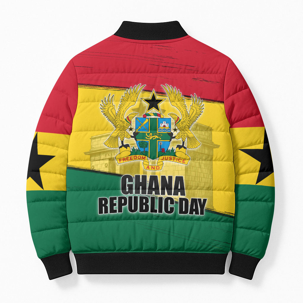 Ghana Republic Day Bomber Puffer Jacket Ghanaian Pride Flag Colors With Coat Of Arms And Black Star