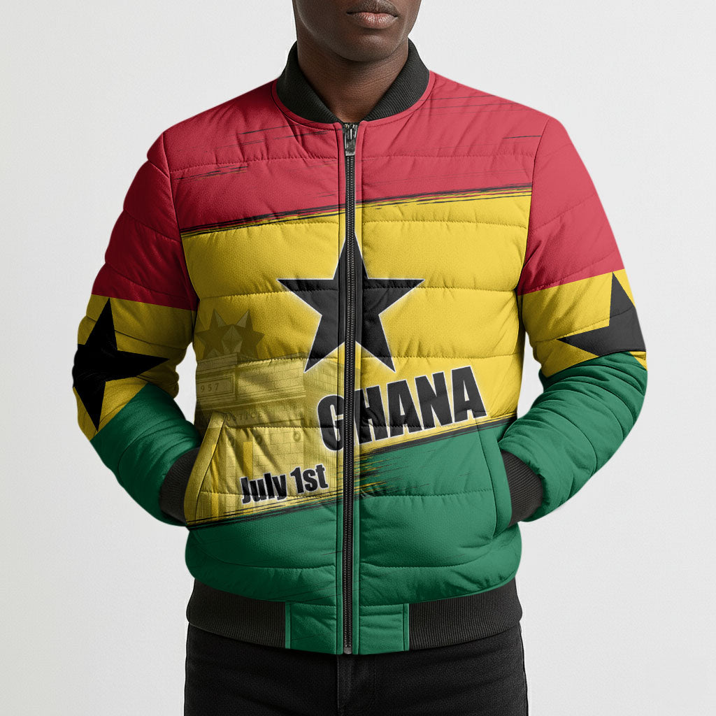 Ghana Republic Day Bomber Puffer Jacket Ghanaian Pride Flag Colors With Coat Of Arms And Black Star