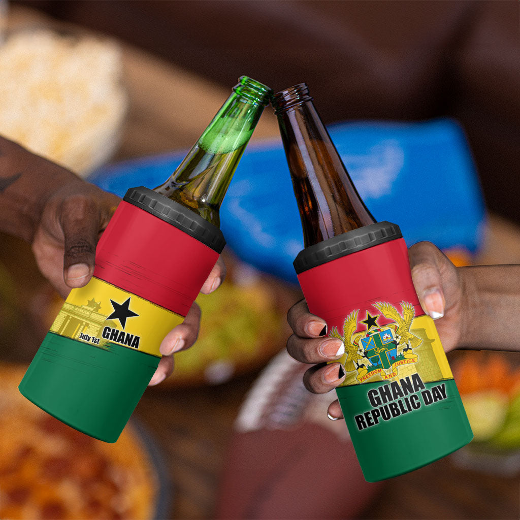 Ghana Republic Day 4 in 1 Can Cooler Tumbler Ghanaian Pride Flag Colors With Coat Of Arms And Black Star