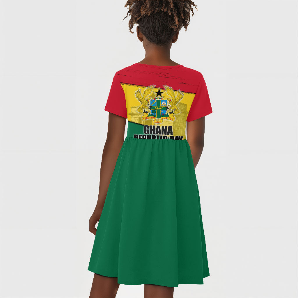 Ghana Republic Day Kid Short Sleeve Dress Ghanaian Pride Flag Colors With Coat Of Arms And Black Star