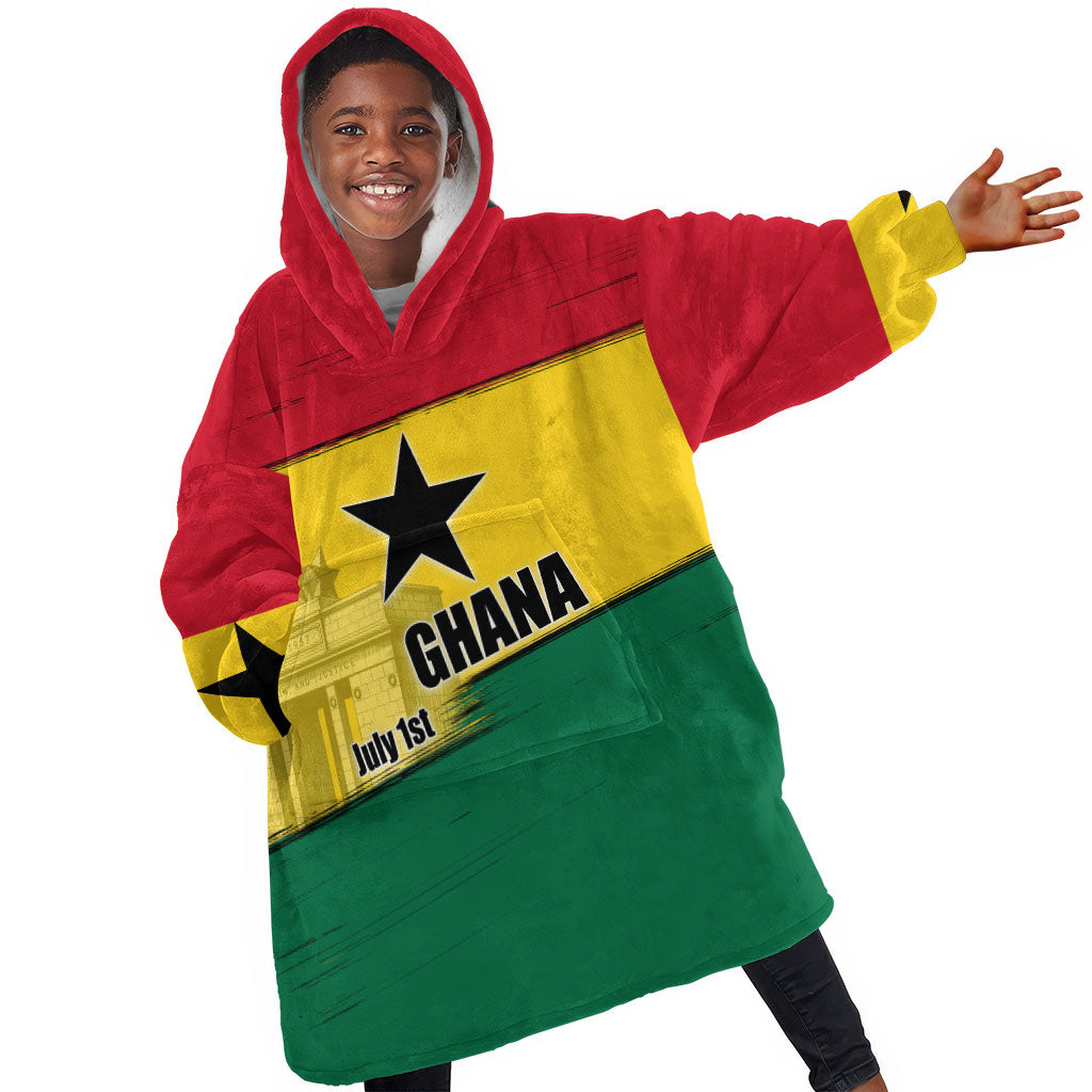 Ghana Republic Day Kid Wearable Blanket Hoodie Ghanaian Pride Flag Colors With Coat Of Arms And Black Star