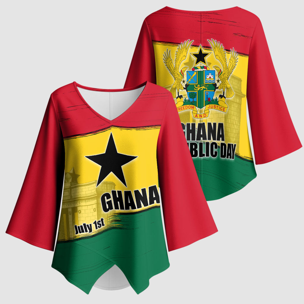 Ghana Republic Day Kimono Sleeve Blouse Ghanaian Pride Flag Colors With Coat Of Arms And Black Star
