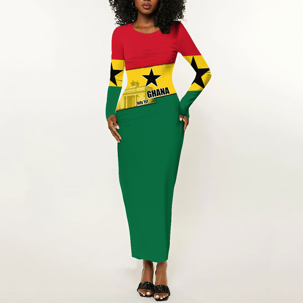 Ghana Republic Day Long Sleeve Bodycon Dress Ghanaian Pride Flag Colors With Coat Of Arms And Black Star