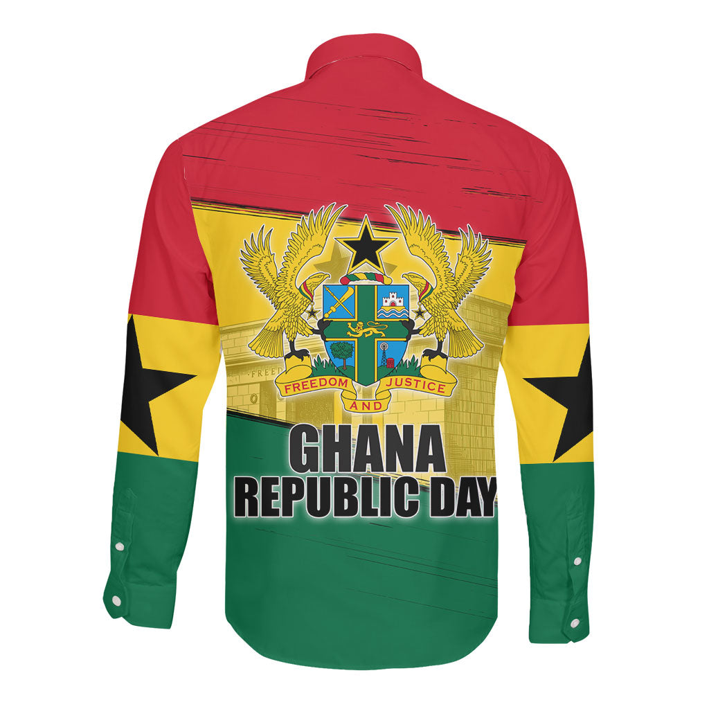 Ghana Republic Day Long Sleeve Button Shirt Ghanaian Pride Flag Colors With Coat Of Arms And Black Star