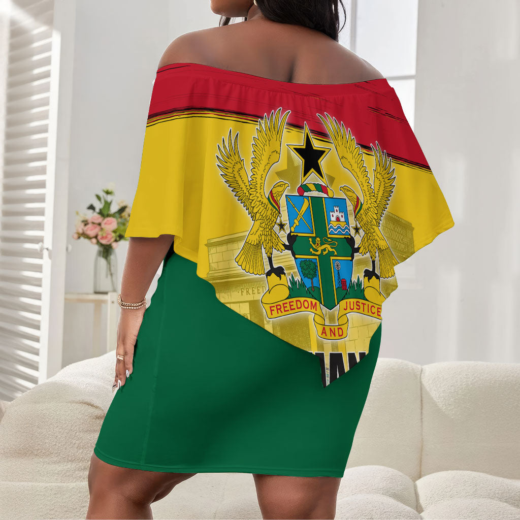 Ghana Republic Day Off Shoulder Short Dress Ghanaian Pride Flag Colors With Coat Of Arms And Black Star