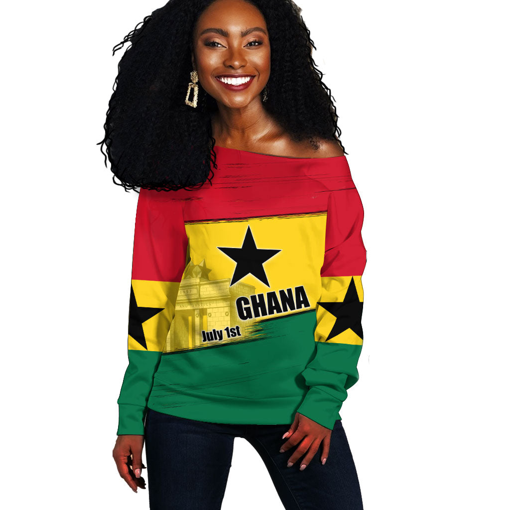 Ghana Republic Day Off Shoulder Sweater Ghanaian Pride Flag Colors With Coat Of Arms And Black Star