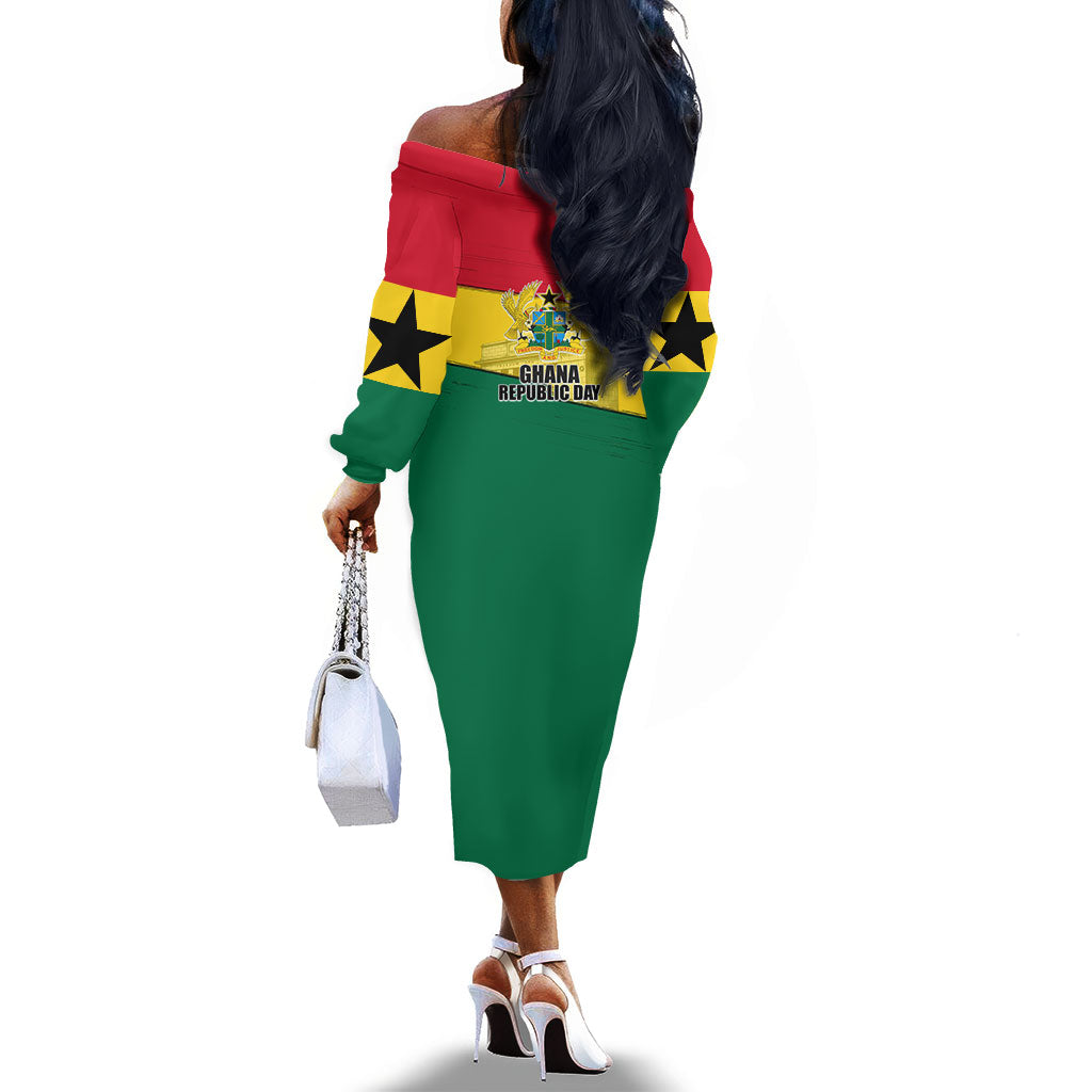 Ghana Republic Day Off The Shoulder Long Sleeve Dress Ghanaian Pride Flag Colors With Coat Of Arms And Black Star