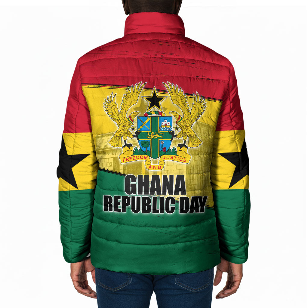 Ghana Republic Day Padded Jacket Ghanaian Pride Flag Colors With Coat Of Arms And Black Star