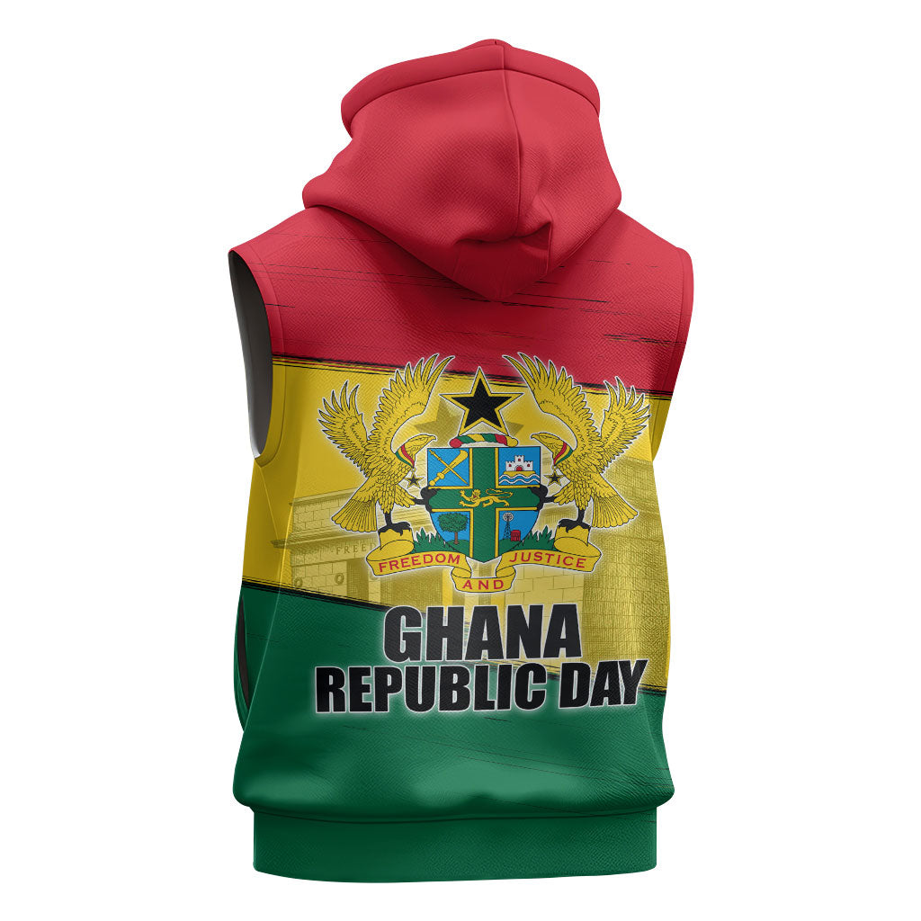 Ghana Republic Day Sleeveless Hoodie Ghanaian Pride Flag Colors With Coat Of Arms And Black Star