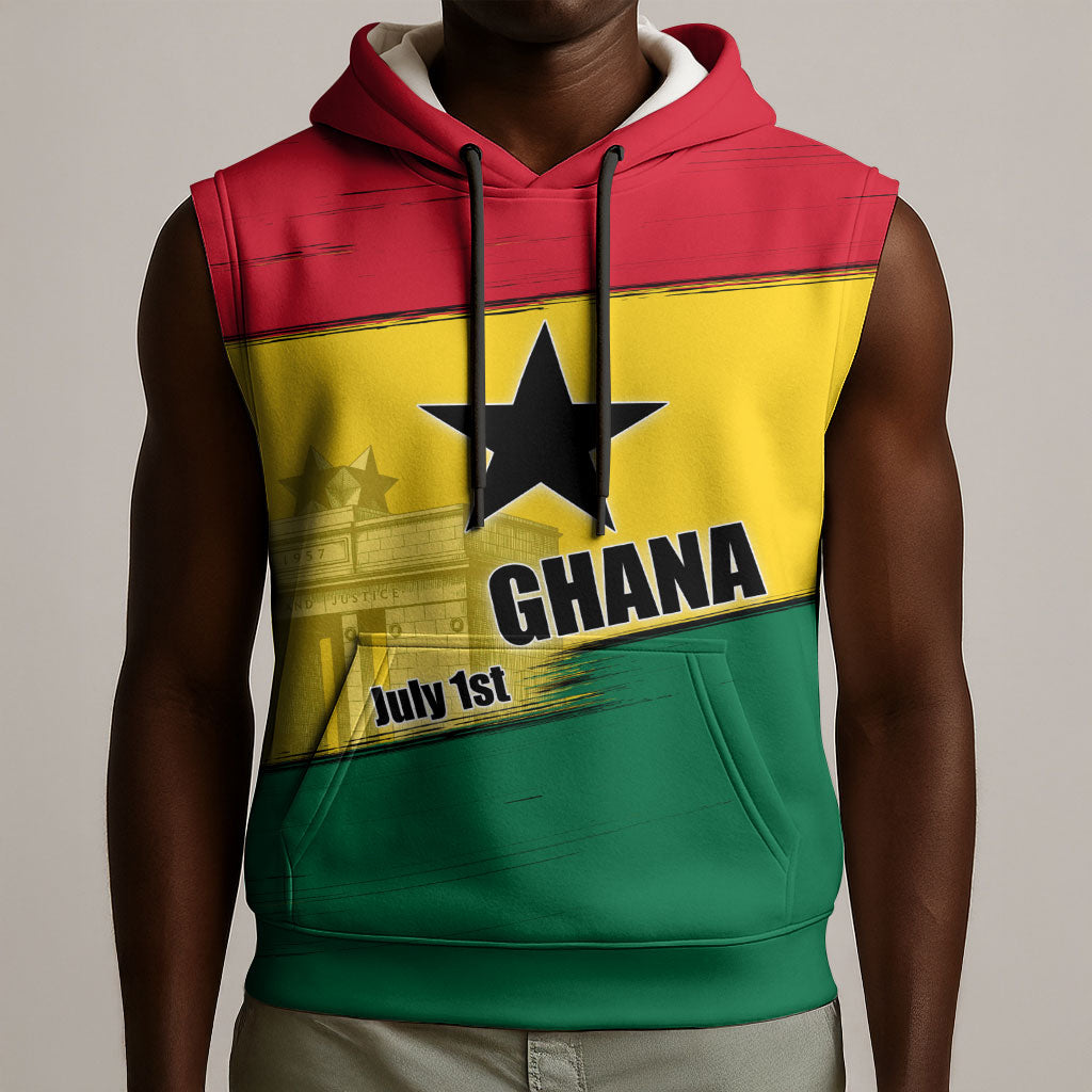 Ghana Republic Day Sleeveless Hoodie Ghanaian Pride Flag Colors With Coat Of Arms And Black Star