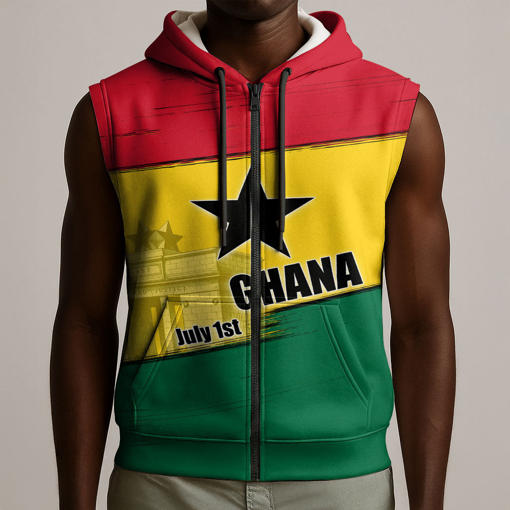Ghana Republic Day Sleeveless Zip Hoodie Ghanaian Pride Flag Colors With Coat Of Arms And Black Star