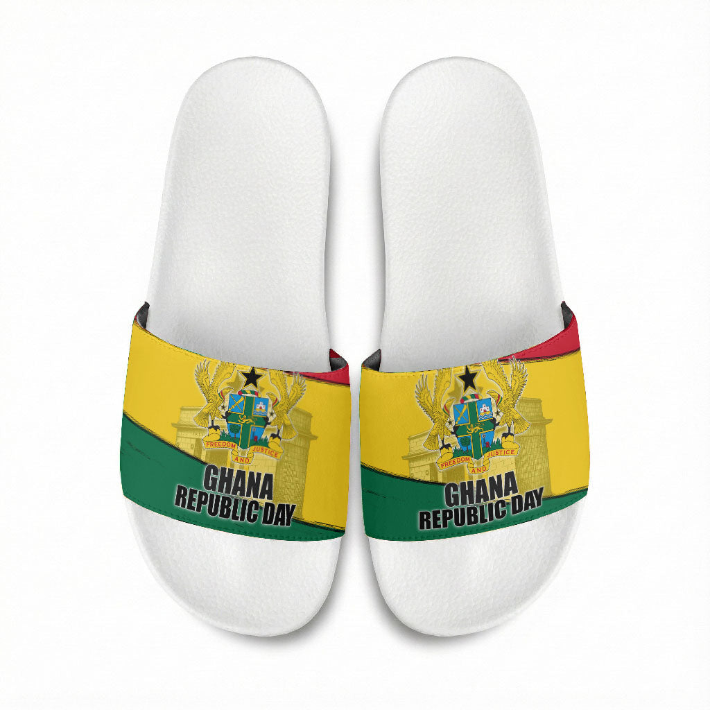 Ghana Republic Day Slide Sandals Ghanaian Pride Flag Colors With Coat Of Arms And Black Star