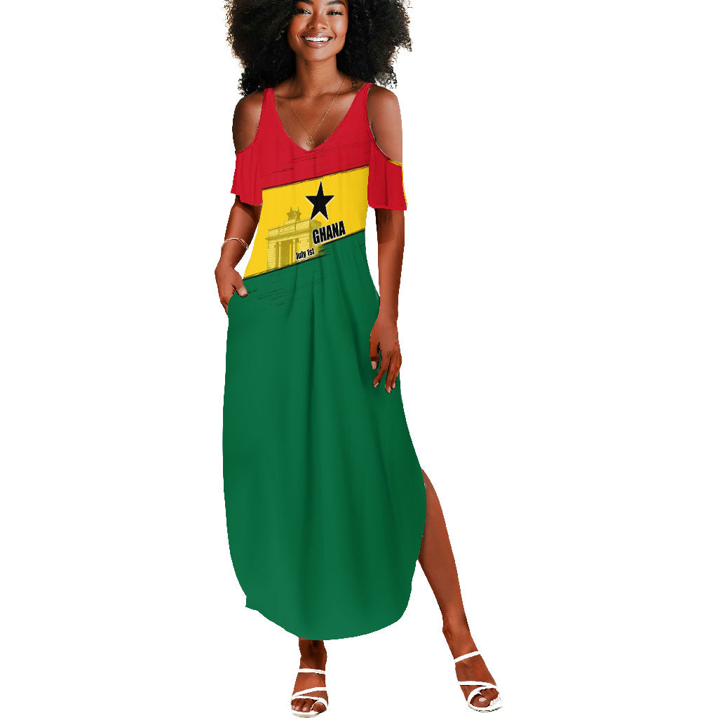 Ghana Republic Day Summer Maxi Dress Ghanaian Pride Flag Colors With Coat Of Arms And Black Star