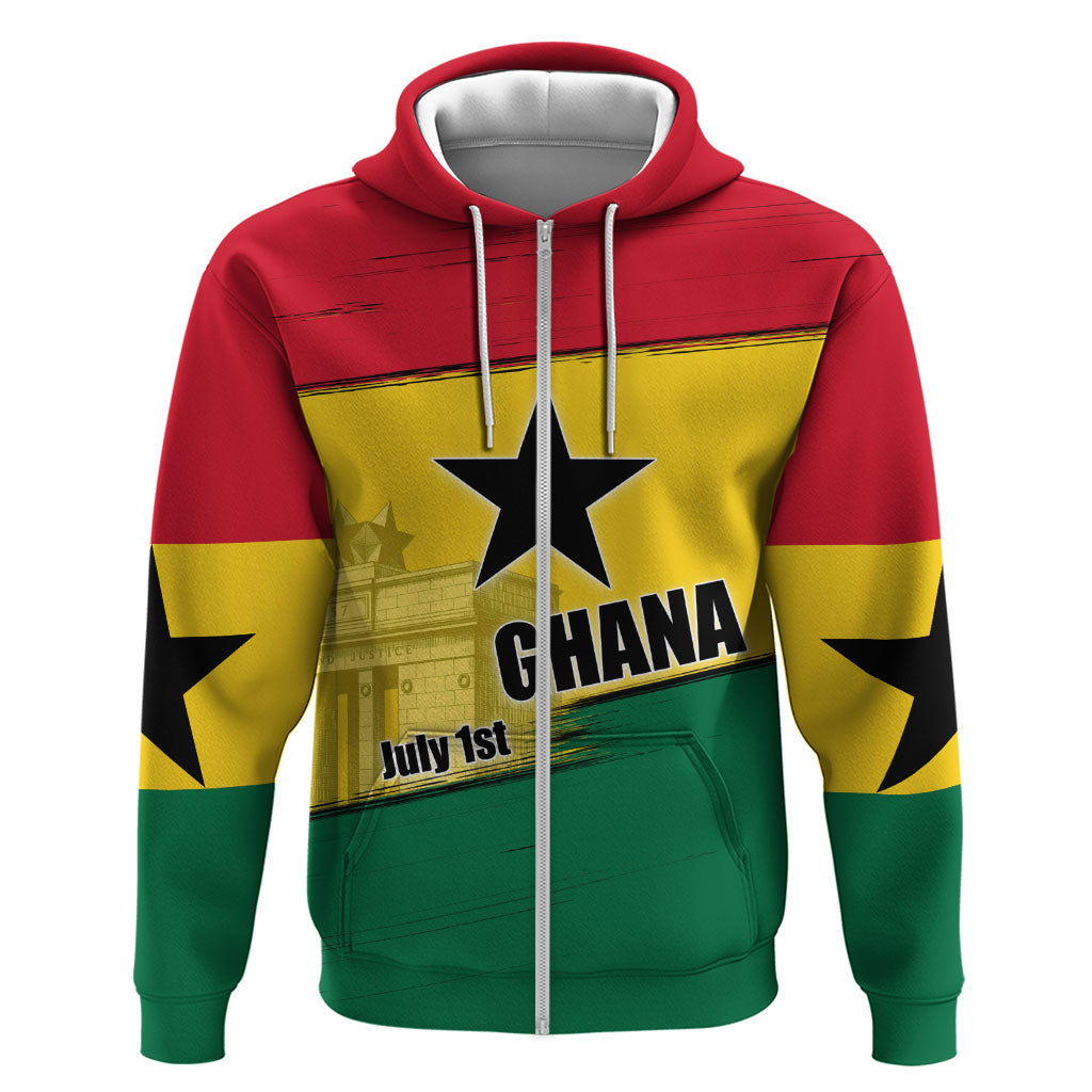 Ghana Republic Day Zip Hoodie Ghanaian Pride Flag Colors With Coat Of Arms And Black Star