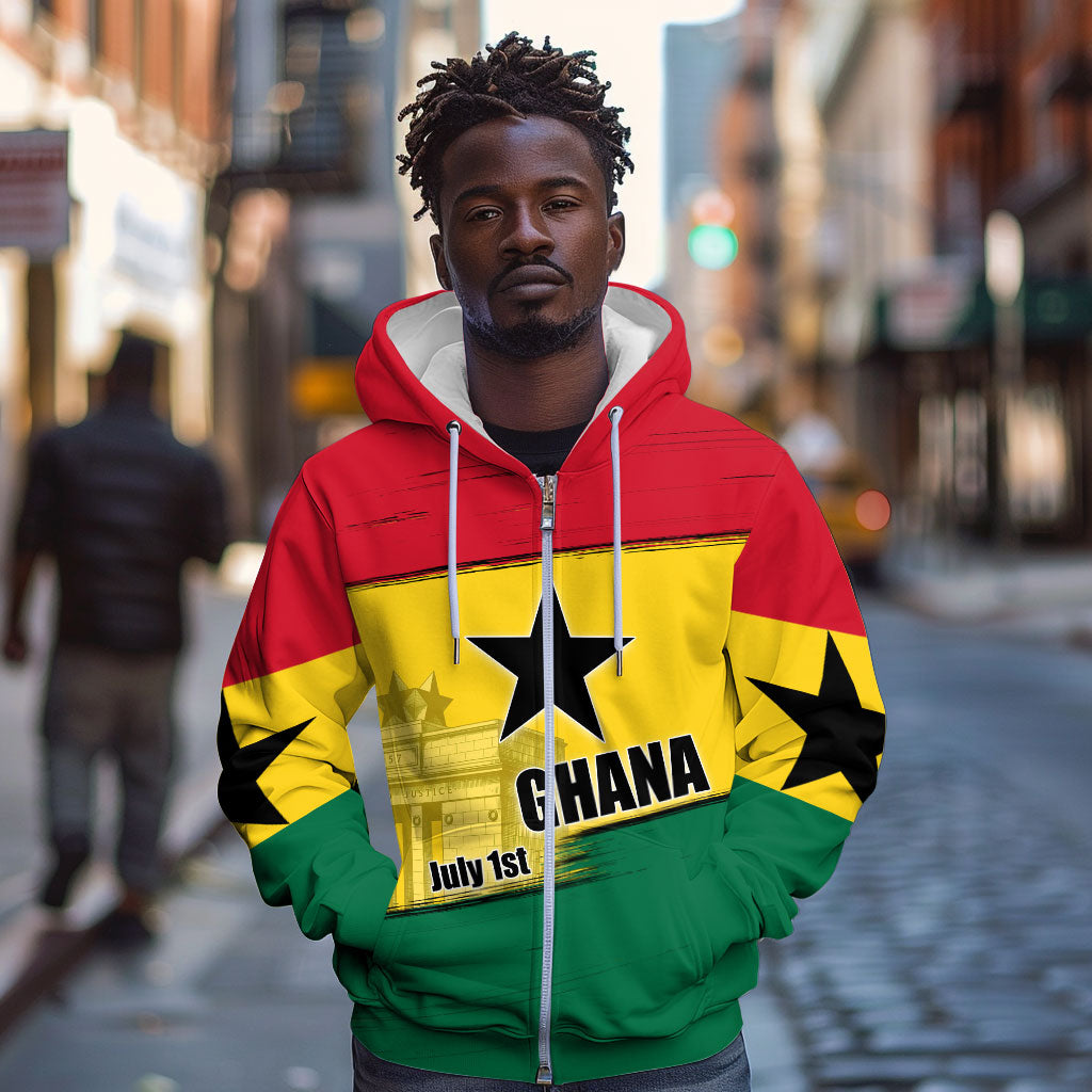 Ghana Republic Day Zip Hoodie Ghanaian Pride Flag Colors With Coat Of Arms And Black Star