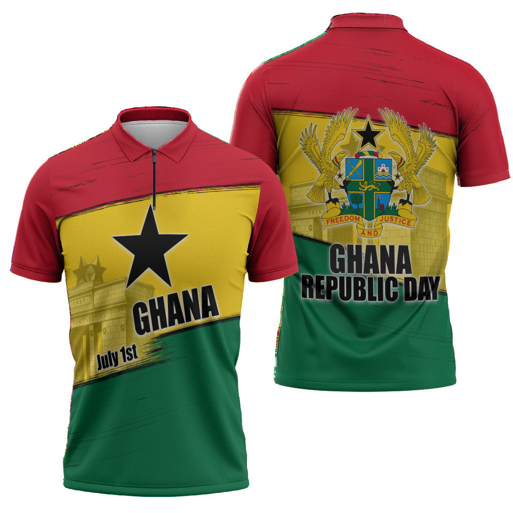 Ghana Republic Day Zipper Polo Shirt Ghanaian Pride Flag Colors With Coat Of Arms And Black Star